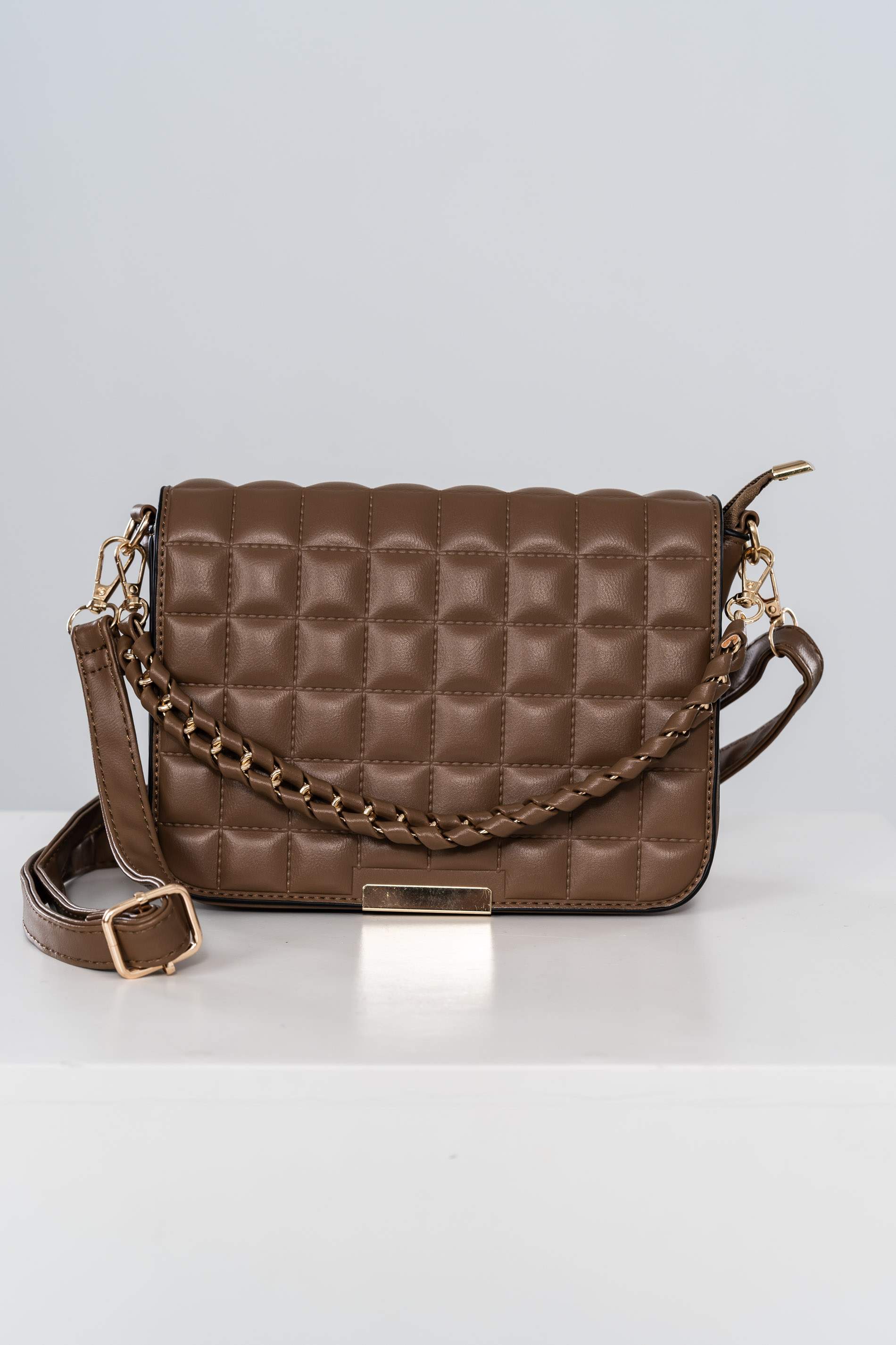 BOLSO SOLAPA DETALLE CUADROS TAUPE