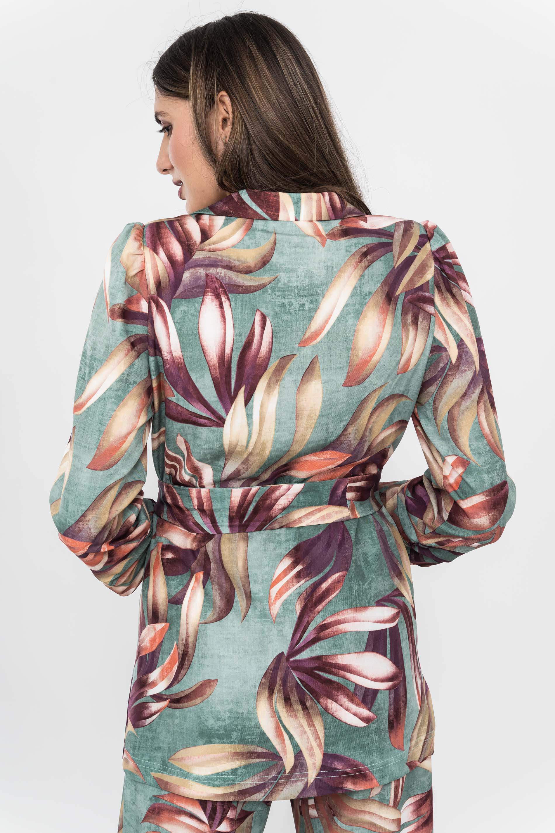 CHAQUETA HOJAS CINTURON MANGA FRUNCE 