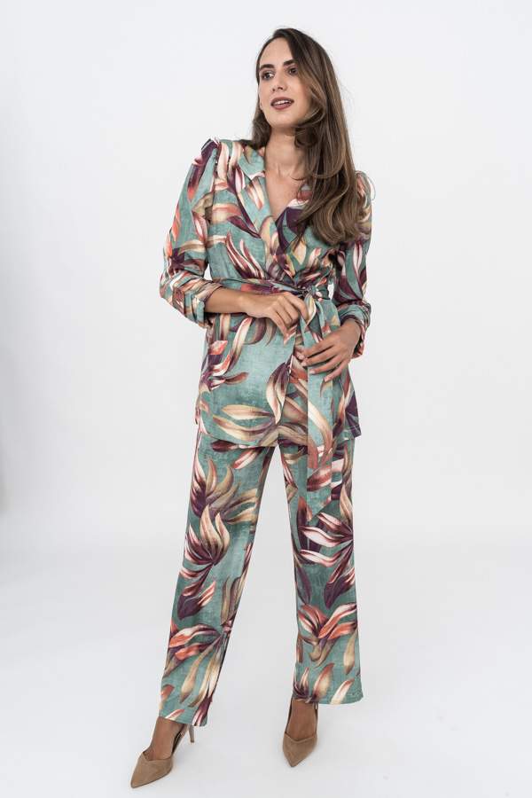 CHAQUETA HOJAS CINTURON MANGA FRUNCE 